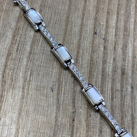 Lia Sophia "Cloud Nine" Mother of Pearl Rhinestone Silver Tone Clasp Bracelet - Picture 7 of 10